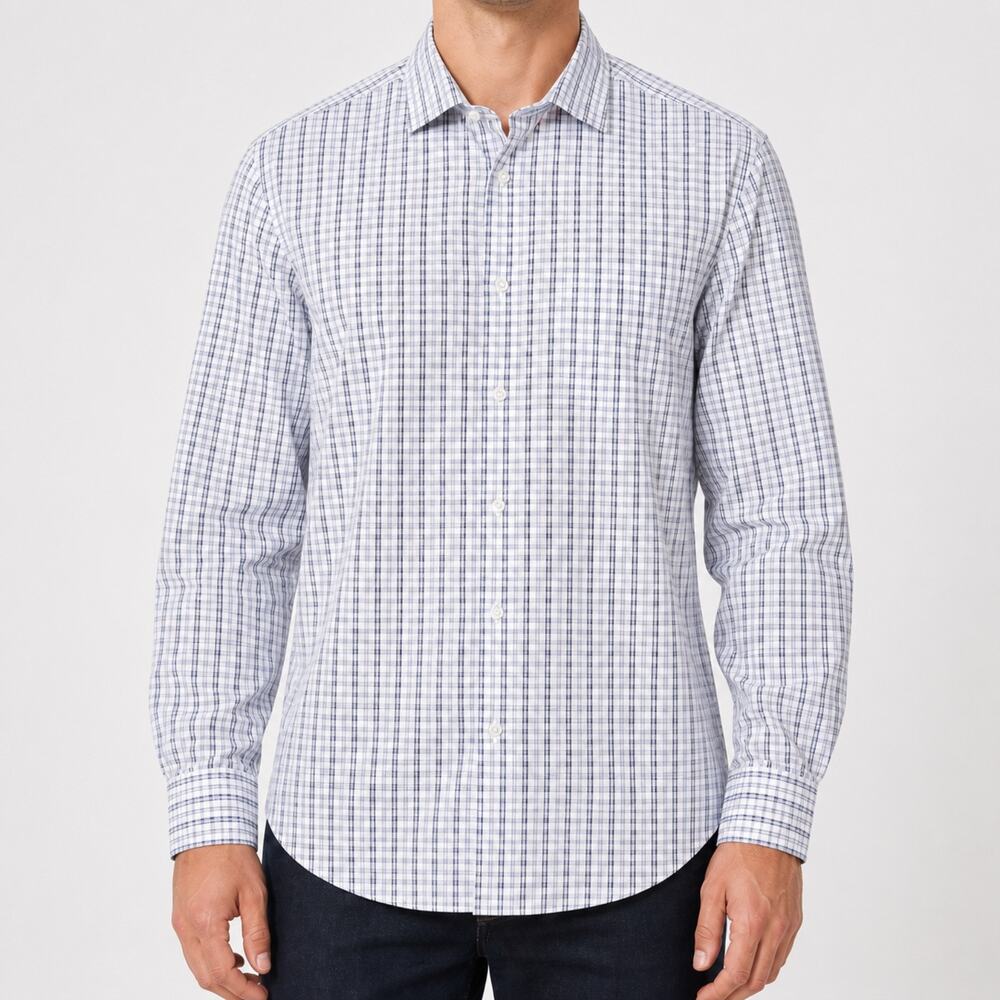 Hugo Boss Shirt Mens 17 Large Blue White Plaid Button Up Long Sleeve Regular Fit